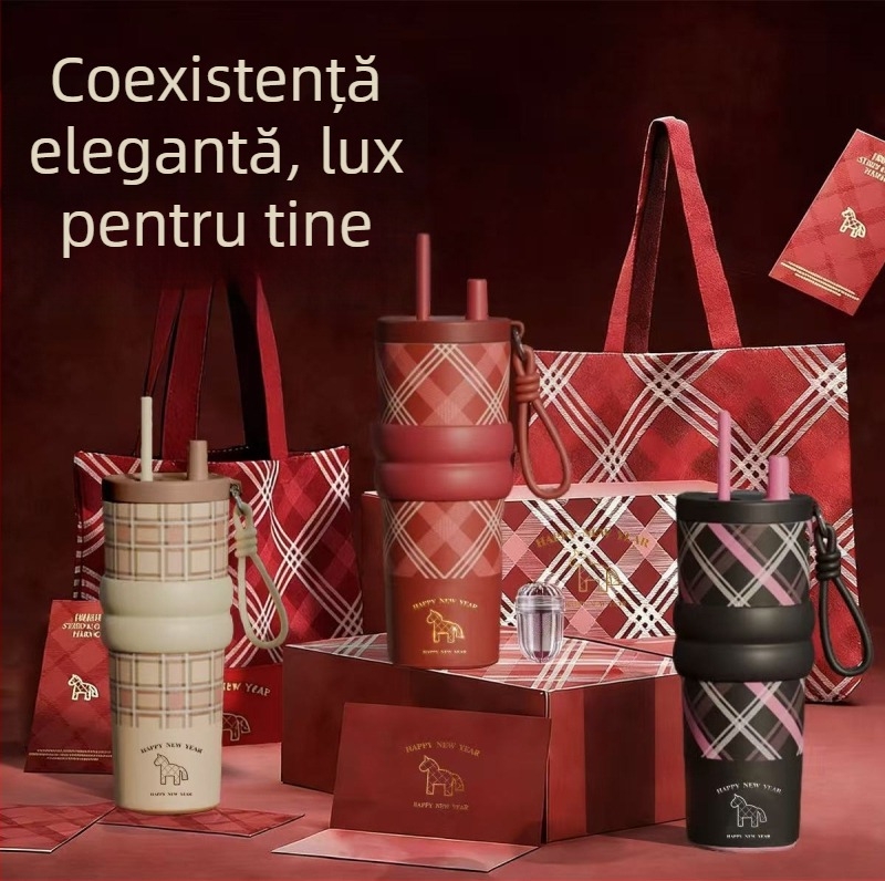 Editie limitată Anul Calului: Cană termos din oțel inoxidabil 316 cu izolație ceramică, cu pai, pentru mașină