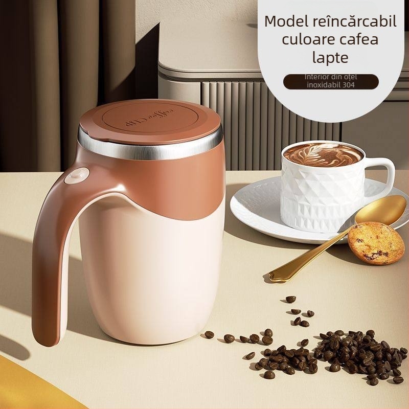 Cească electrică automată pentru amestecarea laptelui de soia și a cafelei, cu rotație magnetică din oțel inoxidabil, reîncărcabilă, premium