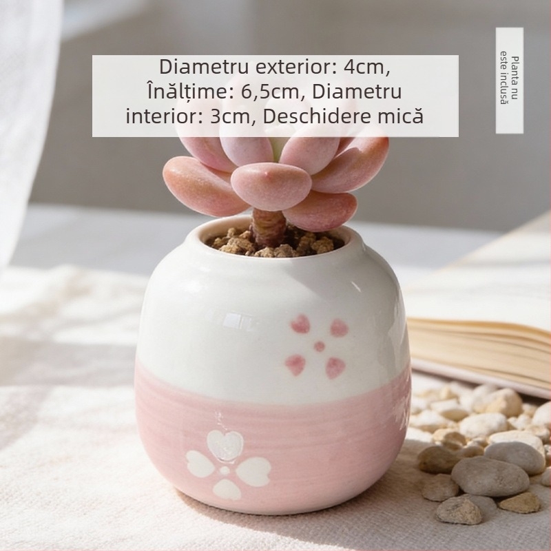 Vas ceramic pentru suculente, rotund, pictat manual, decor de birou, bonsai pe trunchi vechi