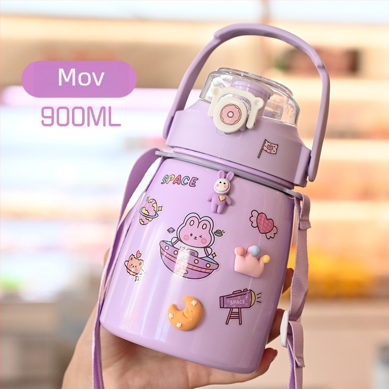 Termos pentru copii 900 ml, cu curea de umăr, design cu corp mare, interior din oțel inoxidabil 304, exterior din oțel inoxidabil 201, cu pai și capac filetat
