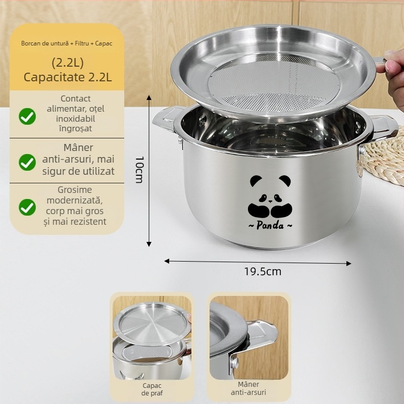 Vas din oțel inoxidabil 304 cu capac și filtru, mâneri duble, recipient pentru grăsime, potrivit pentru frigider, vas de filtrare a uleiului de chili
