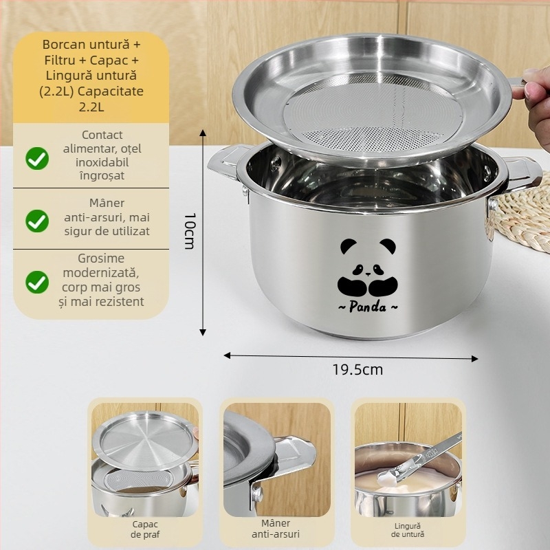 Vas din oțel inoxidabil 304 cu capac și filtru, mâneri duble, recipient pentru grăsime, potrivit pentru frigider, vas de filtrare a uleiului de chili