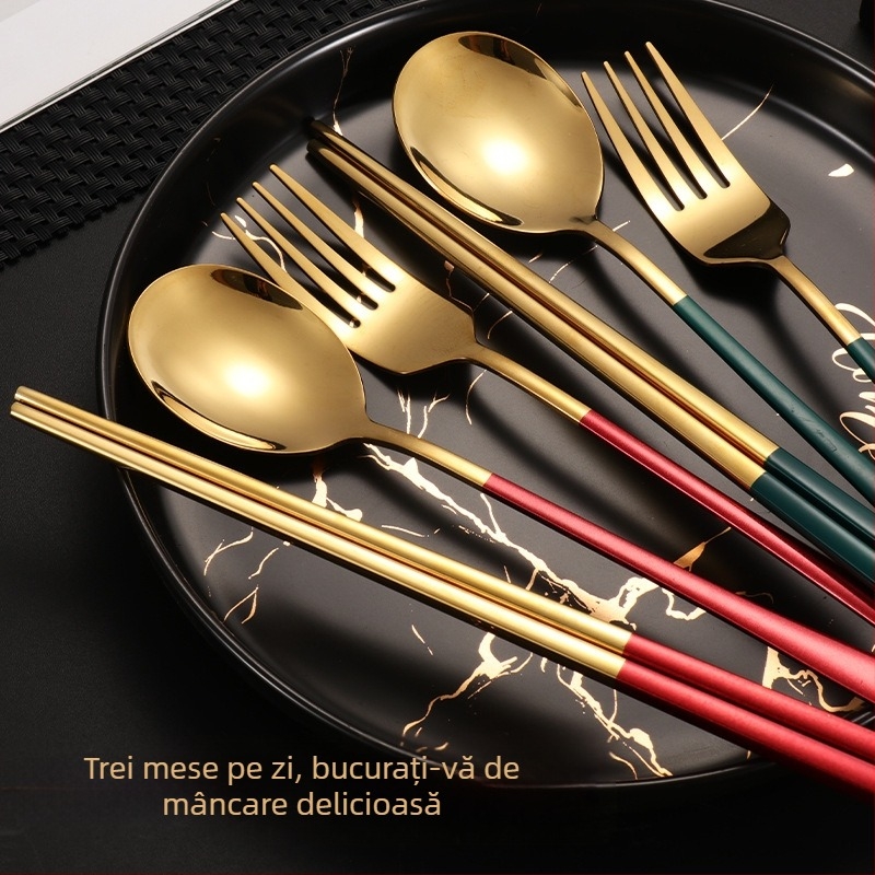 Set de 24 de piese din oțel inoxidabil 304: linguri, furculițe și bețișoare în stil coreean, set cadou auriu, cutie cadou personalizabilă