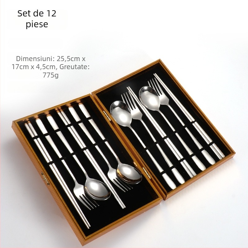 Set de 24 de piese din oțel inoxidabil 304: linguri, furculițe și bețișoare în stil coreean, set cadou auriu, cutie cadou personalizabilă