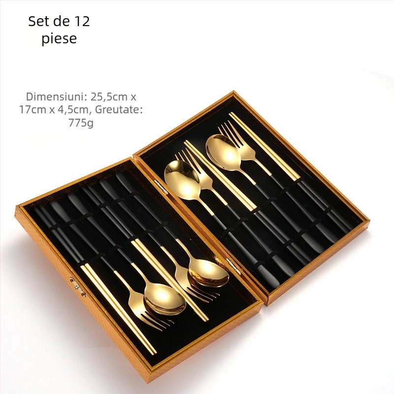 Set de 24 de piese din oțel inoxidabil 304: linguri, furculițe și bețișoare în stil coreean, set cadou auriu, cutie cadou personalizabilă