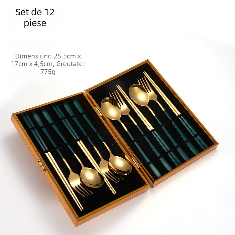 Set de 24 de piese din oțel inoxidabil 304: linguri, furculițe și bețișoare în stil coreean, set cadou auriu, cutie cadou personalizabilă