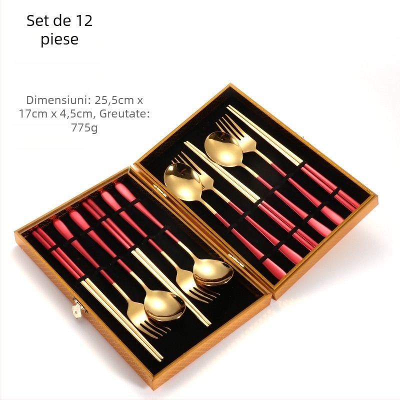 Set de 24 de piese din oțel inoxidabil 304: linguri, furculițe și bețișoare în stil coreean, set cadou auriu, cutie cadou personalizabilă