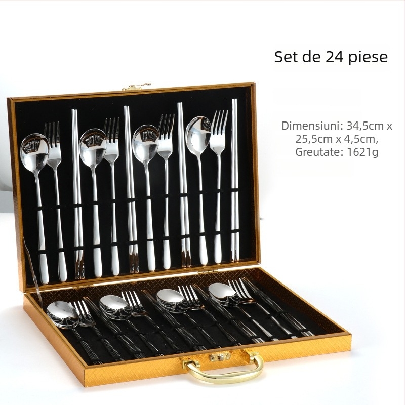 Set de 24 de piese din oțel inoxidabil 304: linguri, furculițe și bețișoare în stil coreean, set cadou auriu, cutie cadou personalizabilă
