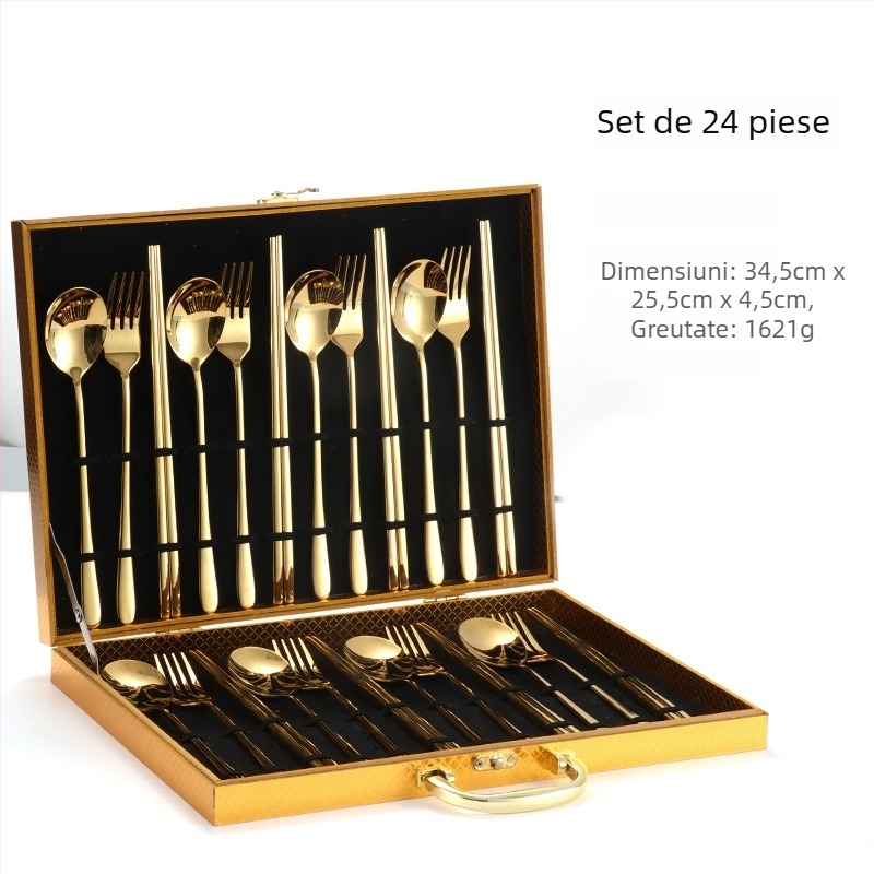 Set de 24 de piese din oțel inoxidabil 304: linguri, furculițe și bețișoare în stil coreean, set cadou auriu, cutie cadou personalizabilă