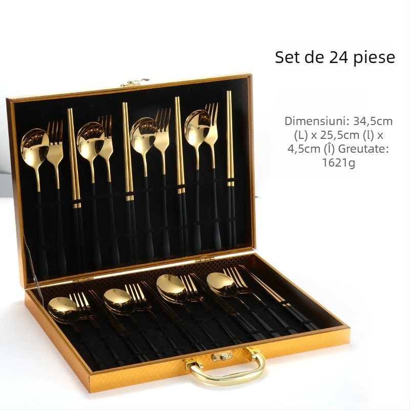 Set de 24 de piese din oțel inoxidabil 304: linguri, furculițe și bețișoare în stil coreean, set cadou auriu, cutie cadou personalizabilă