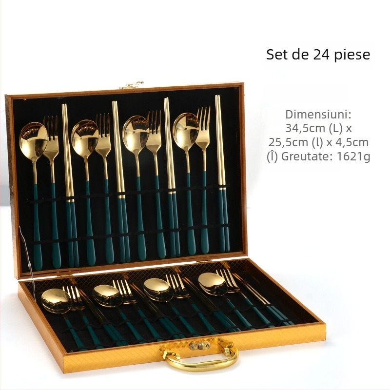 Set de 24 de piese din oțel inoxidabil 304: linguri, furculițe și bețișoare în stil coreean, set cadou auriu, cutie cadou personalizabilă