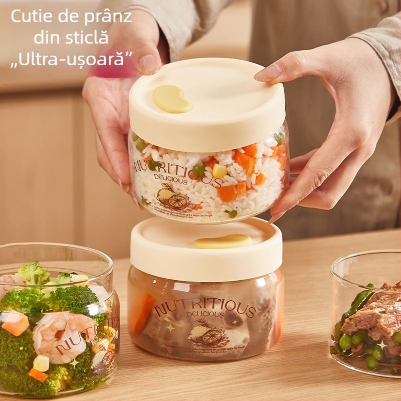 Cutie de prânz din sticlă cu capac etanș, compatibilă cu microunde, de calitate alimentară, cu compartiment pentru supă
