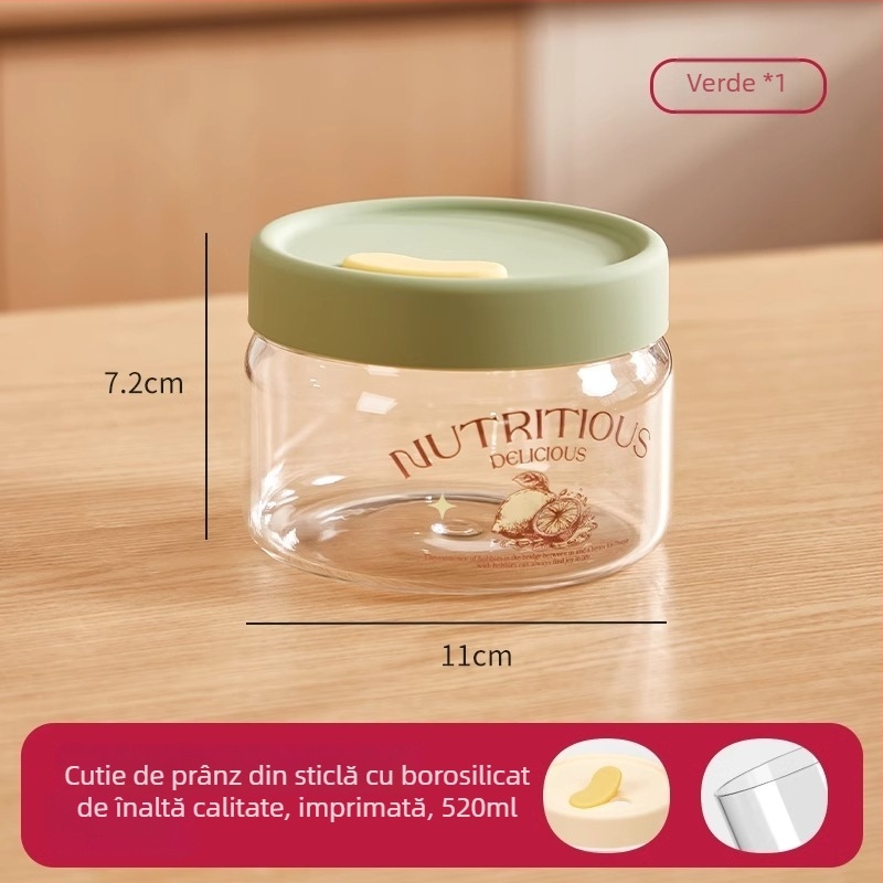 Cutie de prânz din sticlă cu capac etanș, compatibilă cu microunde, de calitate alimentară, cu compartiment pentru supă