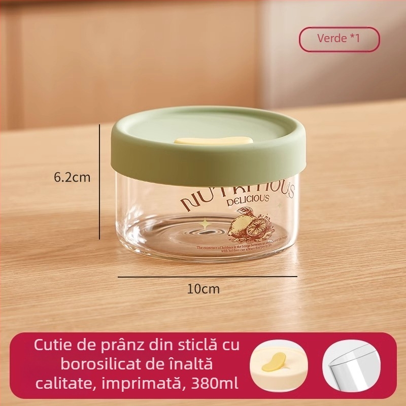 Cutie de prânz din sticlă cu capac etanș, compatibilă cu microunde, de calitate alimentară, cu compartiment pentru supă