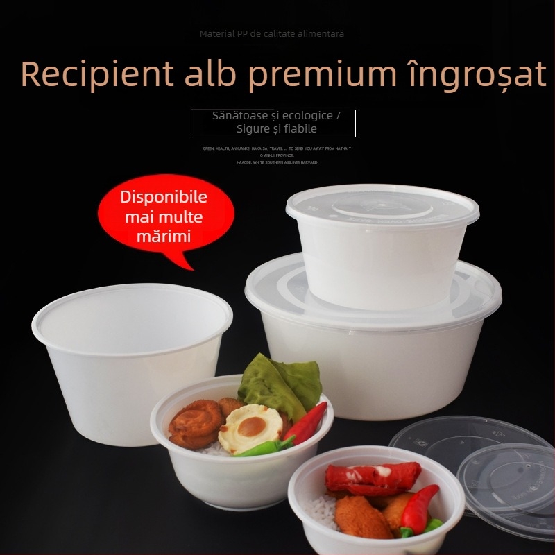 Vas rotund de unică folosință, culoare alb lăptos, recipient alimentar transparent, turnat prin injecție, PP, 300–900 ml, potrivit pentru supe și tăiței
