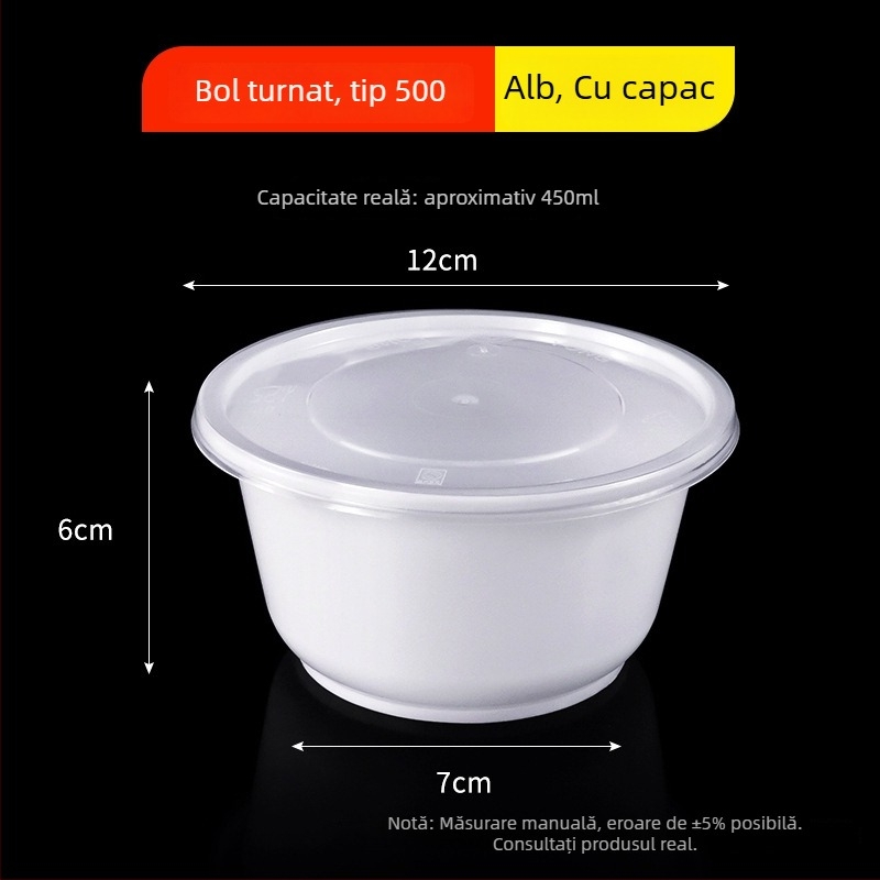Vas rotund de unică folosință, culoare alb lăptos, recipient alimentar transparent, turnat prin injecție, PP, 300–900 ml, potrivit pentru supe și tăiței