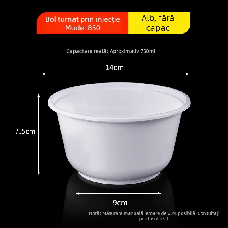 Vas rotund de unică folosință, culoare alb lăptos, recipient alimentar transparent, turnat prin injecție, PP, 300–900 ml, potrivit pentru supe și tăiței