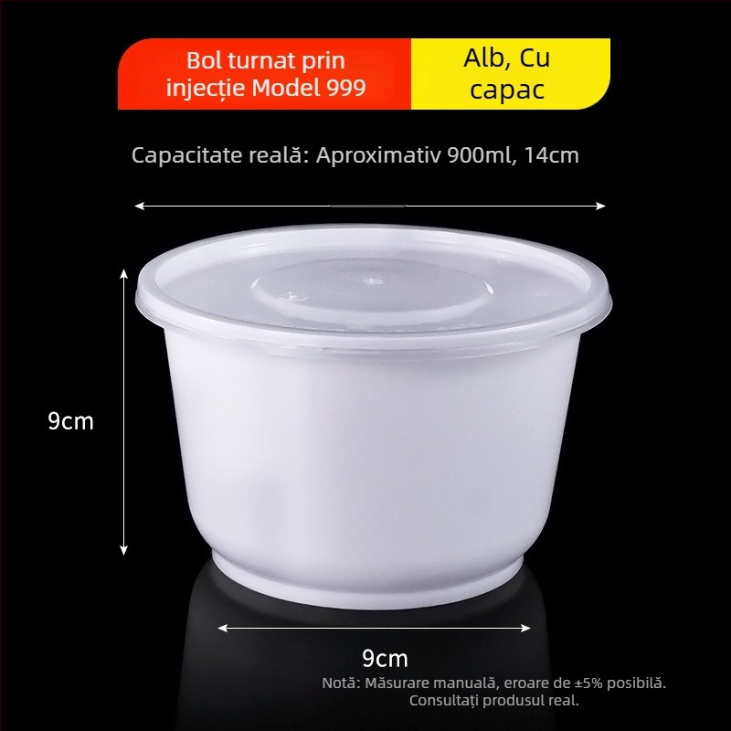 Vas rotund de unică folosință, culoare alb lăptos, recipient alimentar transparent, turnat prin injecție, PP, 300–900 ml, potrivit pentru supe și tăiței