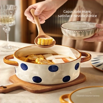 Mare bol ceramic pentru supă, cu două mâneri, pentru uz casnic, formă rotundă, stil Nordic, diametru 19–19,9 cm