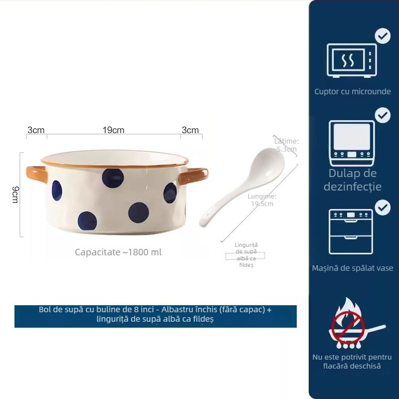 Mare bol ceramic pentru supă, cu două mâneri, pentru uz casnic, formă rotundă, stil Nordic, diametru 19–19,9 cm