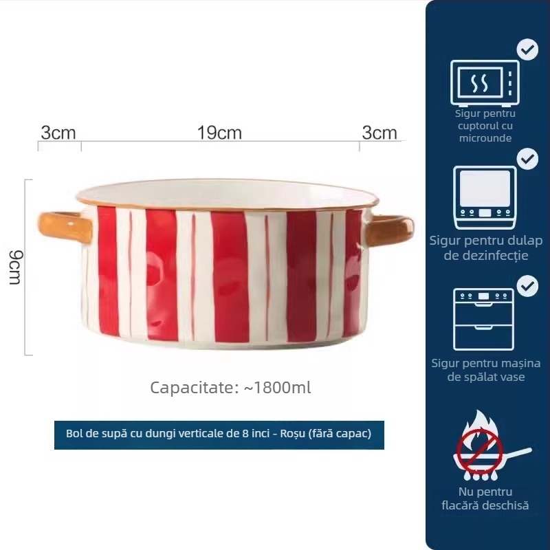 Mare bol ceramic pentru supă, cu două mâneri, pentru uz casnic, formă rotundă, stil Nordic, diametru 19–19,9 cm