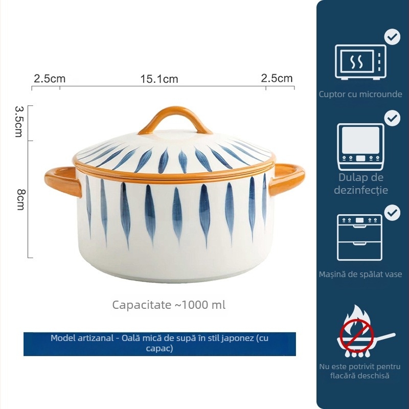 Mare bol ceramic pentru supă, cu două mâneri, pentru uz casnic, formă rotundă, stil Nordic, diametru 19–19,9 cm