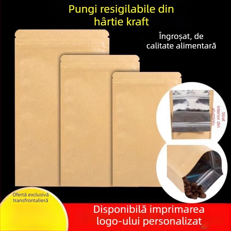 Pungi din hârtie kraft cu acoperire de aluminiu, bază plată, rezistente la apă și umezeală, sigilare alimentară, ambalare ceai, pungi auto-sigilante din hârtie kraft cu folie de aluminiu