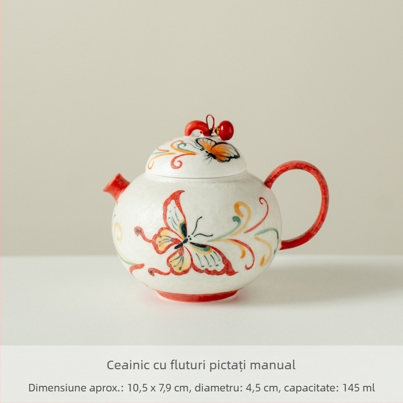 Ceainic ceramic pictat manual, corp rotund, cu model de pene, capac în stil gaiwan, pentru prepararea ceaiului acasă