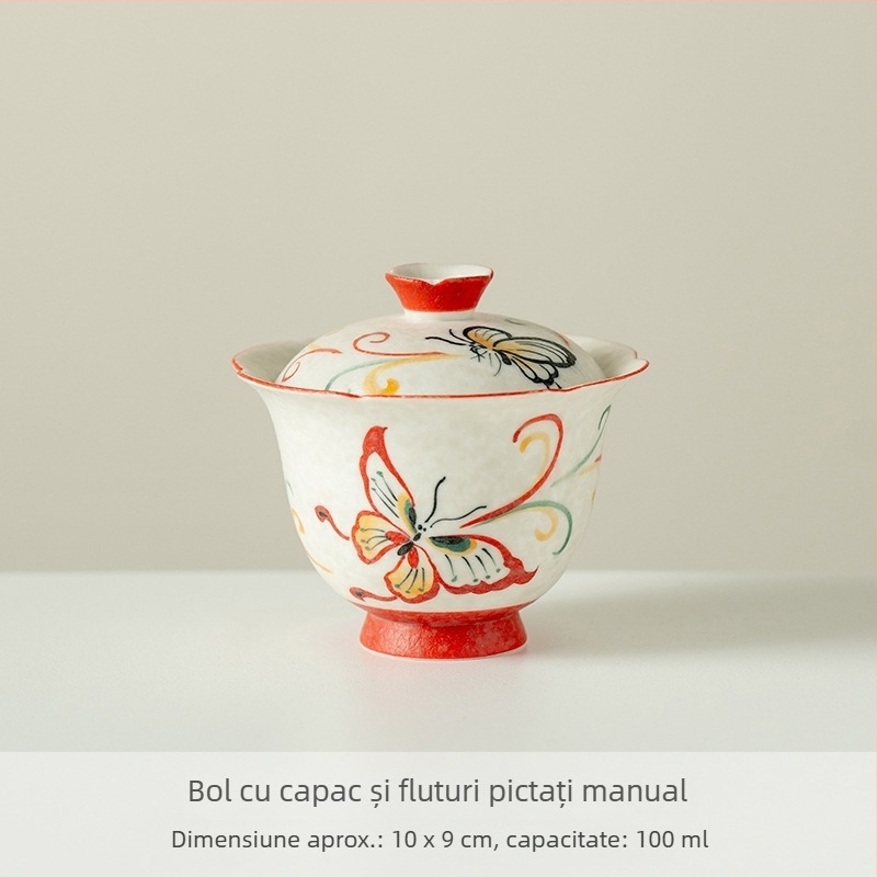 Ceainic ceramic pictat manual, corp rotund, cu model de pene, capac în stil gaiwan, pentru prepararea ceaiului acasă