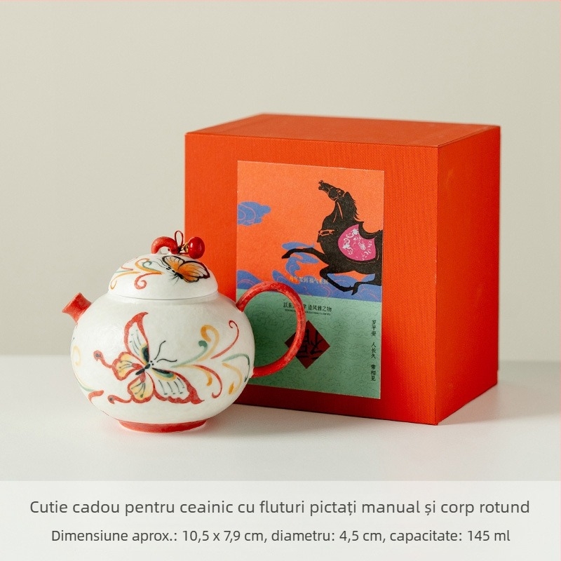 Ceainic ceramic pictat manual, corp rotund, cu model de pene, capac în stil gaiwan, pentru prepararea ceaiului acasă