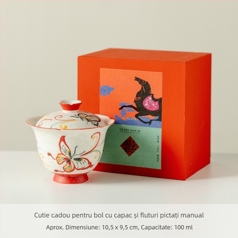 Ceainic ceramic pictat manual, corp rotund, cu model de pene, capac în stil gaiwan, pentru prepararea ceaiului acasă