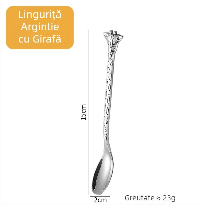 Lingură-furculiță cu mâner de girafă, aurie, design de animație, oțel inoxidabil 304, pentru cafea, deserturi și prăjituri