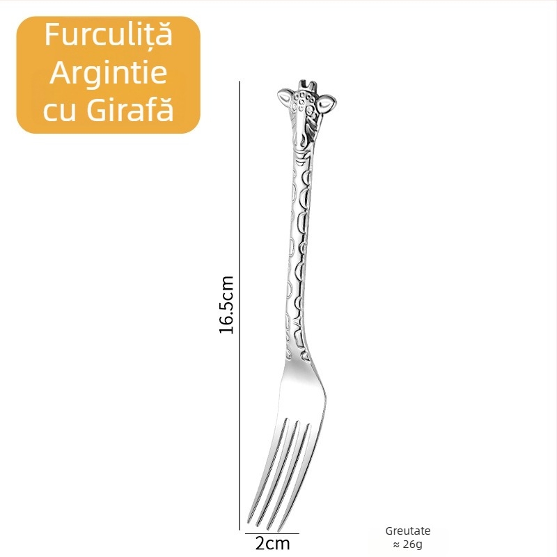 Lingură-furculiță cu mâner de girafă, aurie, design de animație, oțel inoxidabil 304, pentru cafea, deserturi și prăjituri