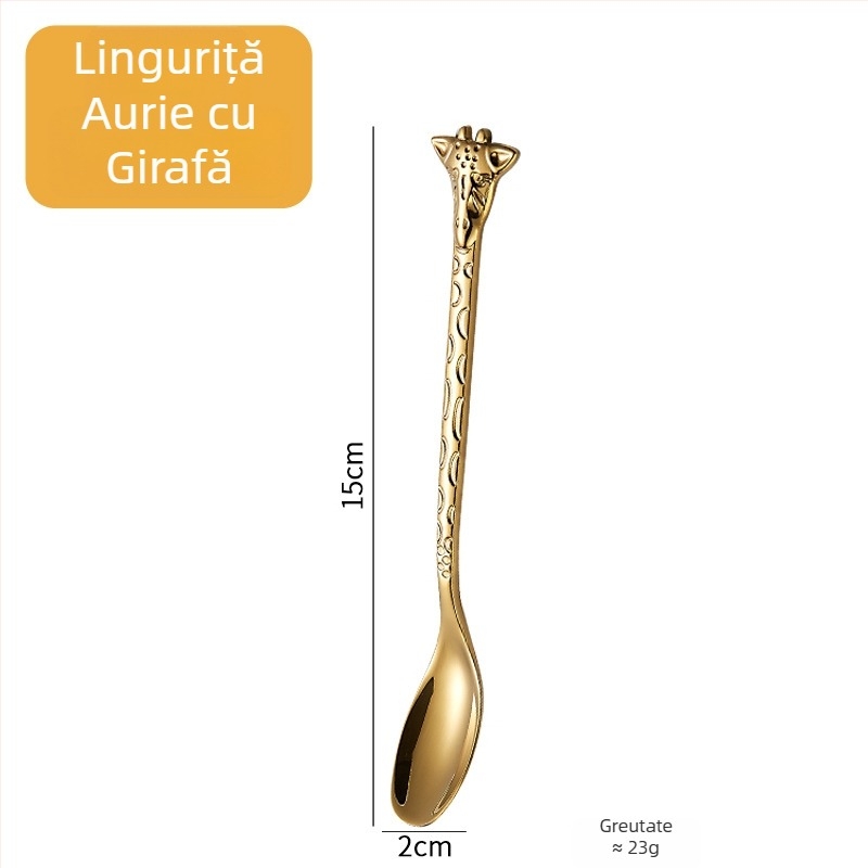 Lingură-furculiță cu mâner de girafă, aurie, design de animație, oțel inoxidabil 304, pentru cafea, deserturi și prăjituri