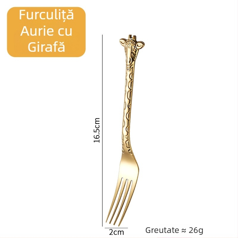 Lingură-furculiță cu mâner de girafă, aurie, design de animație, oțel inoxidabil 304, pentru cafea, deserturi și prăjituri