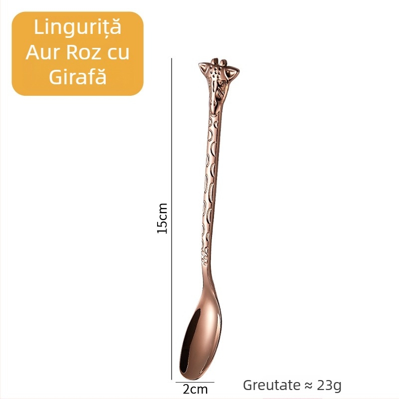 Lingură-furculiță cu mâner de girafă, aurie, design de animație, oțel inoxidabil 304, pentru cafea, deserturi și prăjituri
