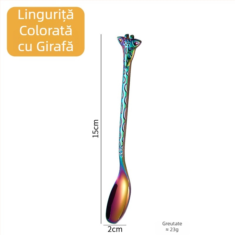 Lingură-furculiță cu mâner de girafă, aurie, design de animație, oțel inoxidabil 304, pentru cafea, deserturi și prăjituri
