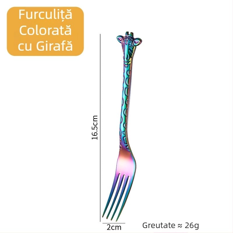 Lingură-furculiță cu mâner de girafă, aurie, design de animație, oțel inoxidabil 304, pentru cafea, deserturi și prăjituri