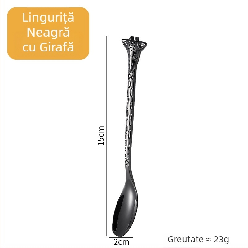 Lingură-furculiță cu mâner de girafă, aurie, design de animație, oțel inoxidabil 304, pentru cafea, deserturi și prăjituri