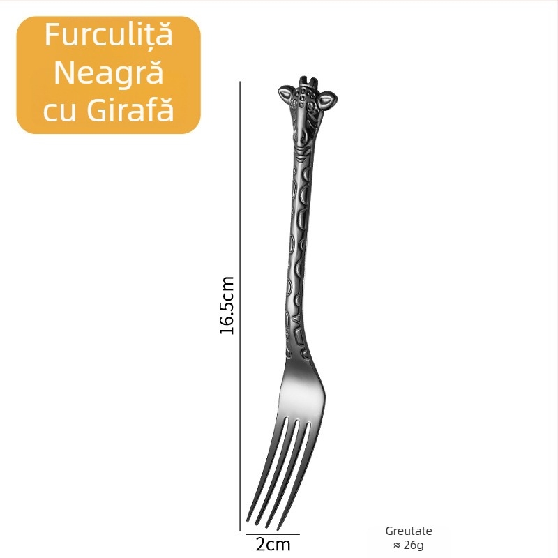 Lingură-furculiță cu mâner de girafă, aurie, design de animație, oțel inoxidabil 304, pentru cafea, deserturi și prăjituri