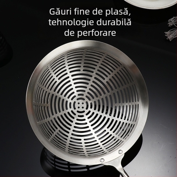 Skimmer profesional din oțel inoxidabil 304, cap perforat mare pentru tăiței și prăjit, filtrare ulei, mâner anti-arzire.