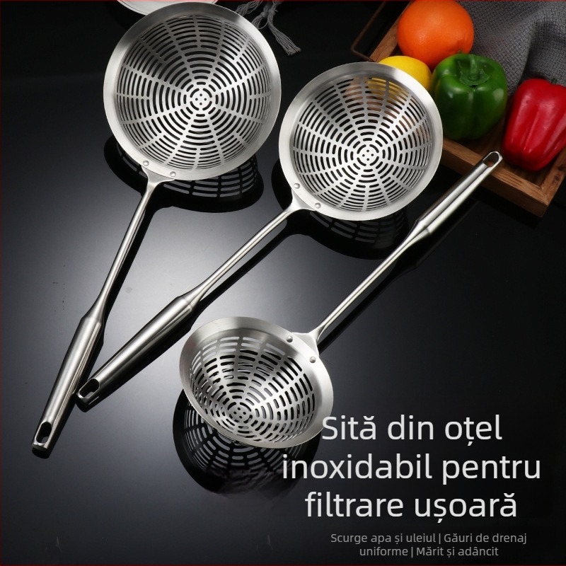 Skimmer profesional din oțel inoxidabil 304, cap perforat mare pentru tăiței și prăjit, filtrare ulei, mâner anti-arzire.