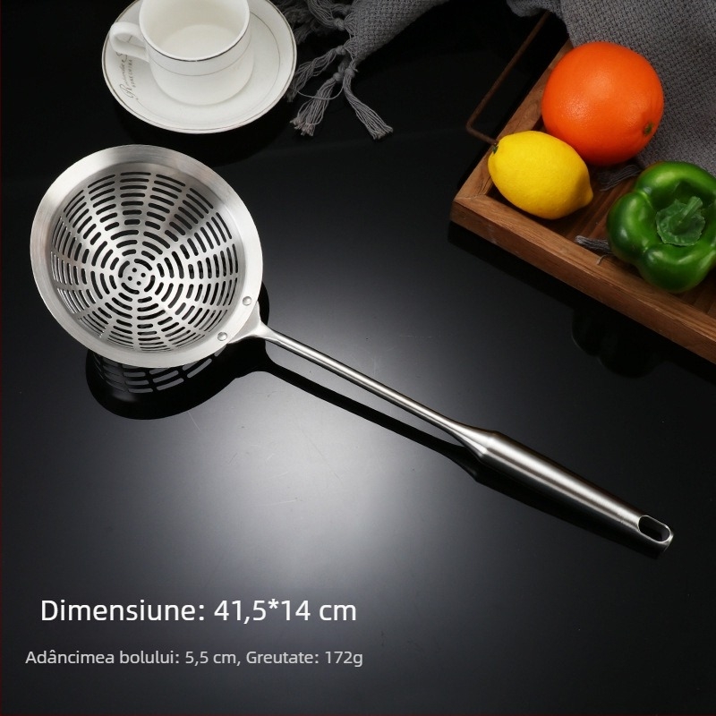 Skimmer profesional din oțel inoxidabil 304, cap perforat mare pentru tăiței și prăjit, filtrare ulei, mâner anti-arzire.