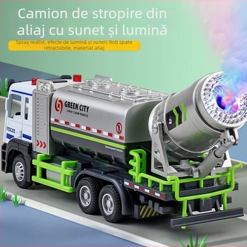 Mașină de jucărie cu pulverizator de apă din aliaj – model de vehicul sanitar și ingineresc pentru controlul prafului