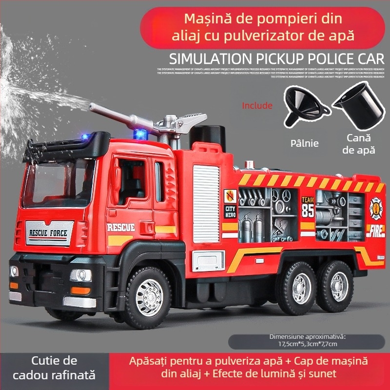 Mașină de jucărie cu pulverizator de apă din aliaj – model de vehicul sanitar și ingineresc pentru controlul prafului