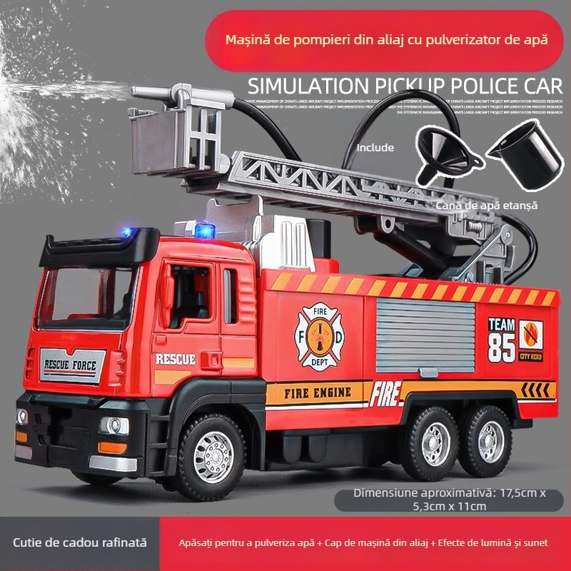 Mașină de jucărie cu pulverizator de apă din aliaj – model de vehicul sanitar și ingineresc pentru controlul prafului