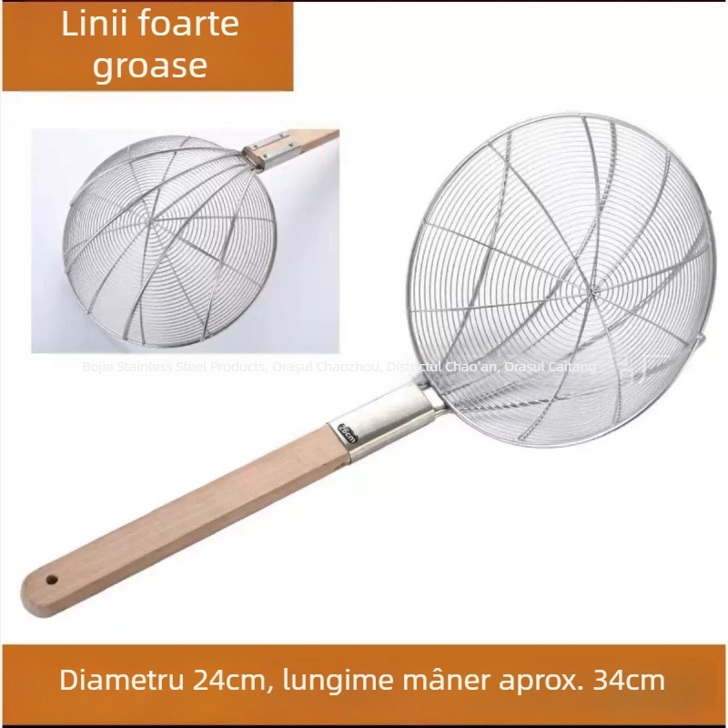 Skimmer din oțel inoxidabil, cu sită fină și mâner din lemn, pentru prăjit și strecurat