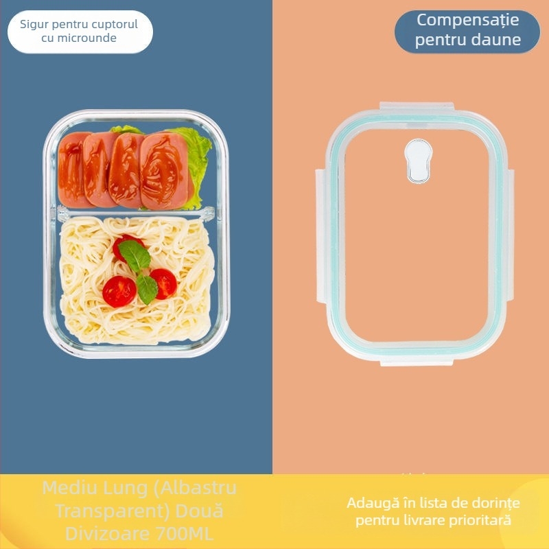 Cutie de prânz din sticlă borosilicat, sigură pentru cuptorul cu microunde, cu compartimente duble, 800-1000 ml, păstrează alimentele proaspete, portabilă