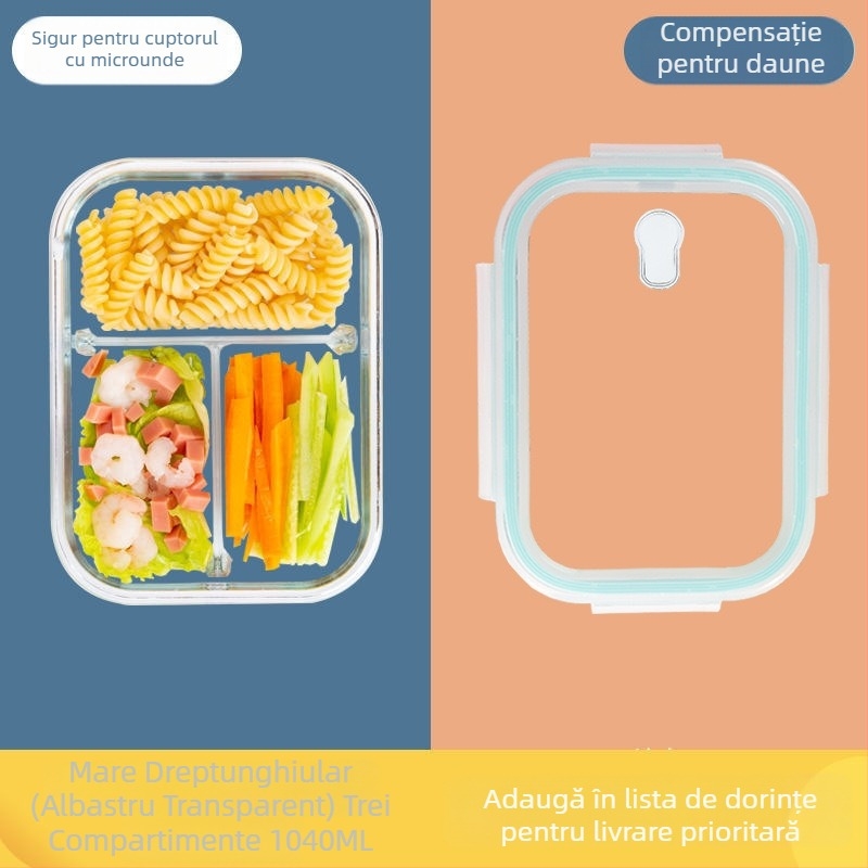 Cutie de prânz din sticlă borosilicat, sigură pentru cuptorul cu microunde, cu compartimente duble, 800-1000 ml, păstrează alimentele proaspete, portabilă