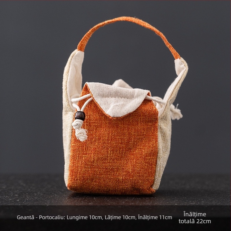Sac de depozitare brodat din bumbac-lin pentru set de ceai, cu șnur, pentru ceainic și cești, pentru călătorii